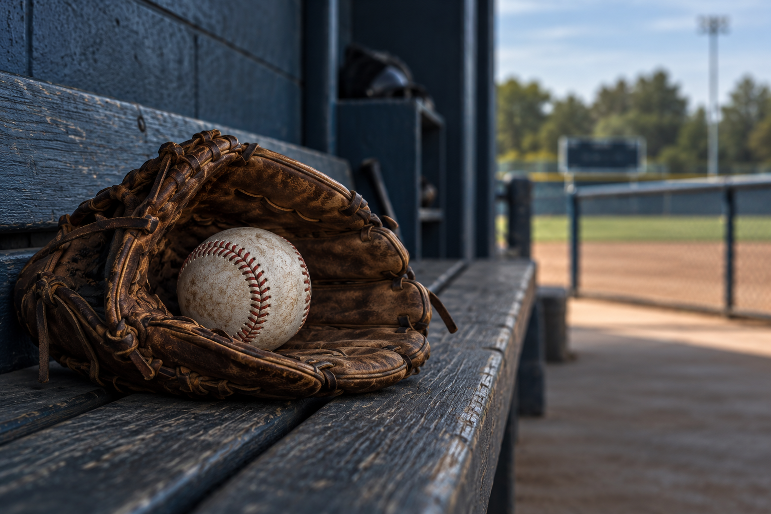 Baseball and leather glove on a dugout bench
